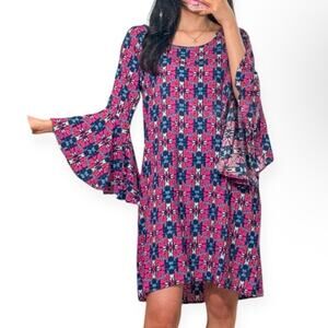Pink and Blue Fireside Spark Becca Flared Sleeve Knee Dress Small Medium